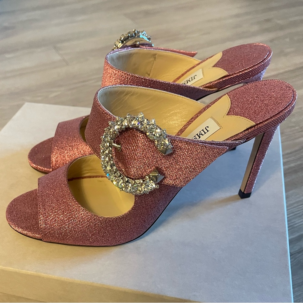 Pink glossy metallic fabric sandal. Never worn 39.5 and 3in heel.